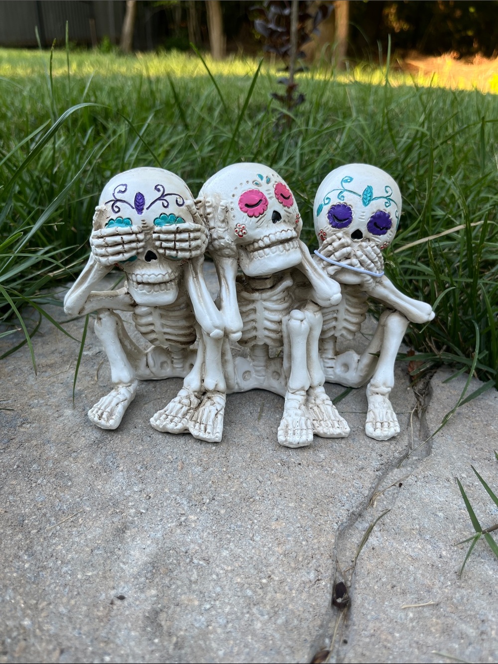 Decorative Three Skeletons Figurine - White with Pink, Purple, Teal Accents